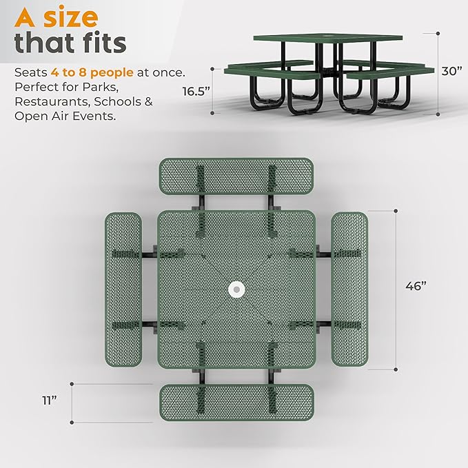 Metal Picnic Tables for Outdoors with Umbrella Hole - Coated Steel Heavy Duty Commercial Grade Table with Adjustable Seats (Green, 46 in, Square, Expanded Steel)