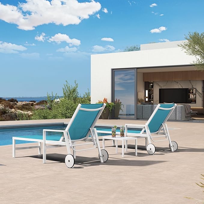PURPLE LEAF Outdoor Lounge Chairs Set of 4 White Aluminum Chaise Lounge Chair Outdoor with Wheels and Armrest for Patio Deck Pool Side Table Include, Turquoise