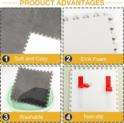 12 Pcs Plush Interlocking Carpet Tiles, Non-Toxic Shaggy Foam Carpet Tiles for Toddler Baby, Machine-Washable, Anti-Slip, EVA Foam Interlocking Tiles for Floor, Nursery, Playroom, Grey