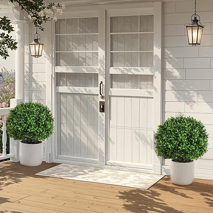 Artificial Olive Leaf Boxwood Topiary Ball Trees, Set of 2 UV Resistant 16in Outdoor Plants – Artificial Bonsai, Miniature Trees, Garden, Curb Appeal