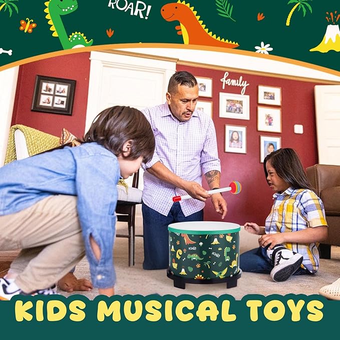 Boao Floor Tom Drum for Kids 8'' W x 6.5'' H Wooden Percussion Instrument Music Drum with 2 Rainbow Mallets Dinosaur Educational Toys for Baby Children Toddler Boy Girl Birthday Gift