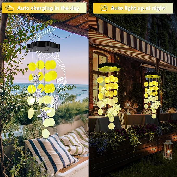 Solar Wind Chimes for Outside, Yellow Shell Gifts for Mom Grandma Women, Waterproof Solar Outdoor Decorative Mobile Lights for Garden, Yard, Patio, Window, Party, Outdoor Decorations