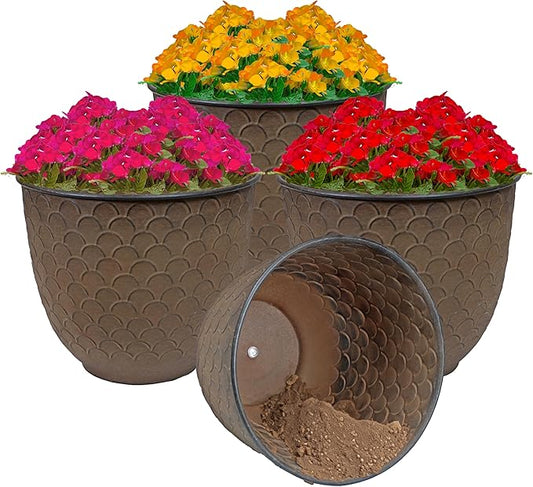 Sunnydaze Dinah 12.5" Metal Outdoor Plant Pot Set with Drainage Holes and Rubber Plugs - Matte Brown - Set of 4