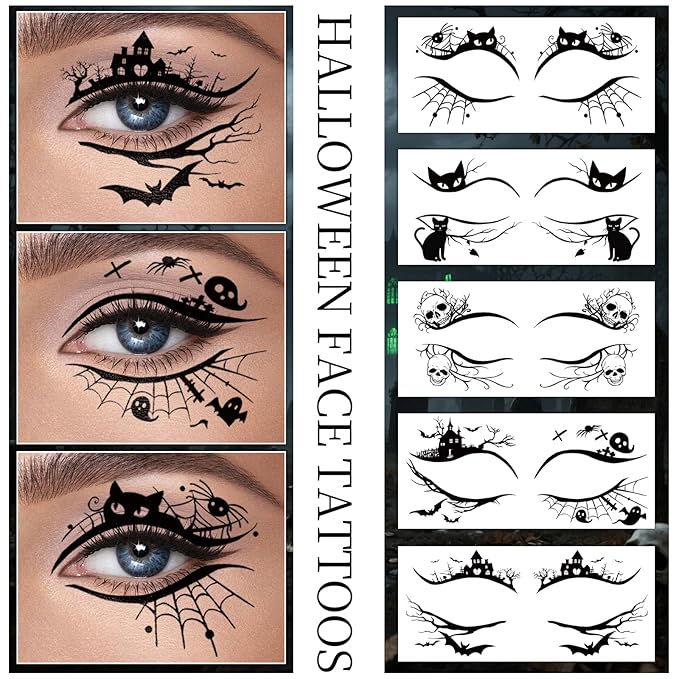 24 Pairs Halloween Eyeliner Temporary Tattoos for Adults, Face Eyes Fake Tattoos, Gothic Spooky Designs with Spiders Web, Bats, Cats, Skulls, Black