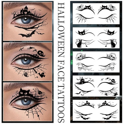 24 Pairs Halloween Eyeliner Temporary Tattoos for Adults, Face Eyes Fake Tattoos, Gothic Spooky Designs with Spiders Web, Bats, Cats, Skulls, Black