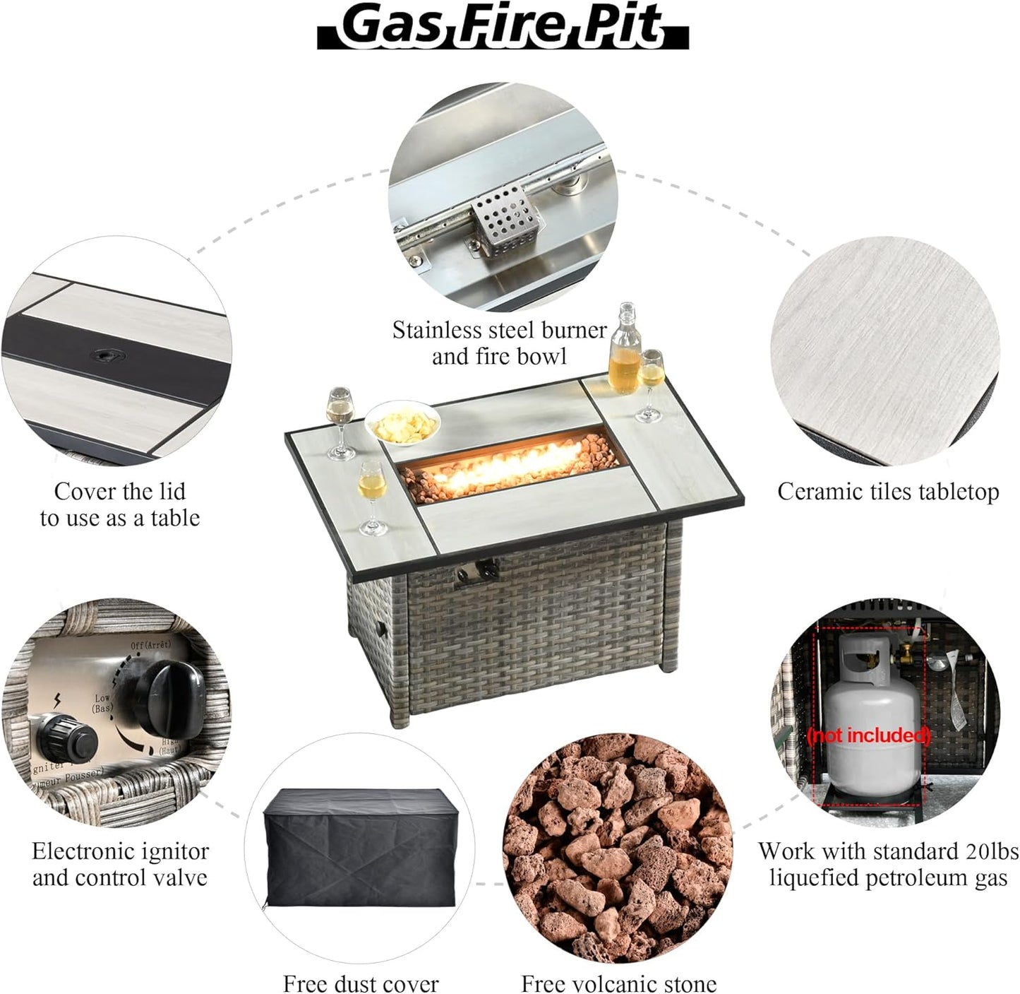 HOOOWOOO 9 Piece Modular Patio Outdoor Sectional Furniture Set with Large Propane Fire Pit Table,Wicker Conversation Sofa Set with Swivel Chairs,Outside Couch Set(Black)