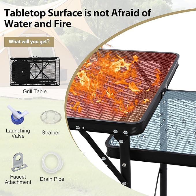 REDCAMP Portable Grill Table with Sink for Outside, Lightweight Aluminum Frame Folding Grill Stand Table with Adjustable Height for Camping Picnic Cooking BBQ, 36 x 20 x 31 in, Black