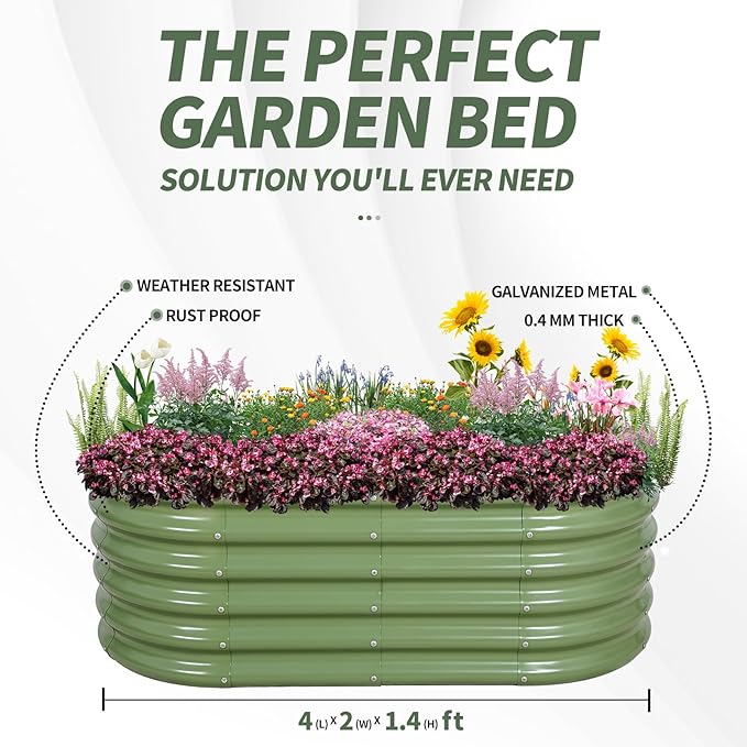 1MORE Galvanized Raised Garden Bed- Planter Garden Boxes Outdoor, Raised Beds for Gardening, 4x2x1.4ft Metal Garden Bed Kit for Vegetables Flower, Planter Raised Bed with Protective Tape & Tools.Green
