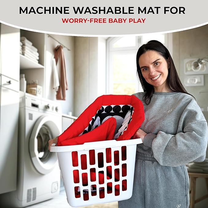 QUOKKA Padded Baby Gym Mat for Floor Tummy Time - High Contrast Baby Kick and Play Gym Mat - 6 Toys | Thick Pad | Machine Washable | Black White Red Colors for Vision Development