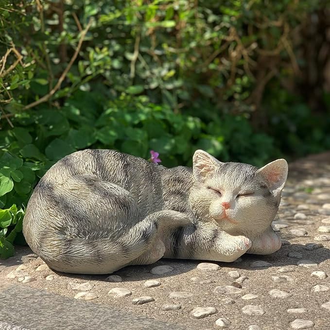 Cat Statue for Garden Outdoor Statue Decor, Garden Cat Statues Decor for Patio, Lawn, Yard Ornament, Sleeping Cat Statue Resin Decoration for Home, Table & Porch, Gift for Mom