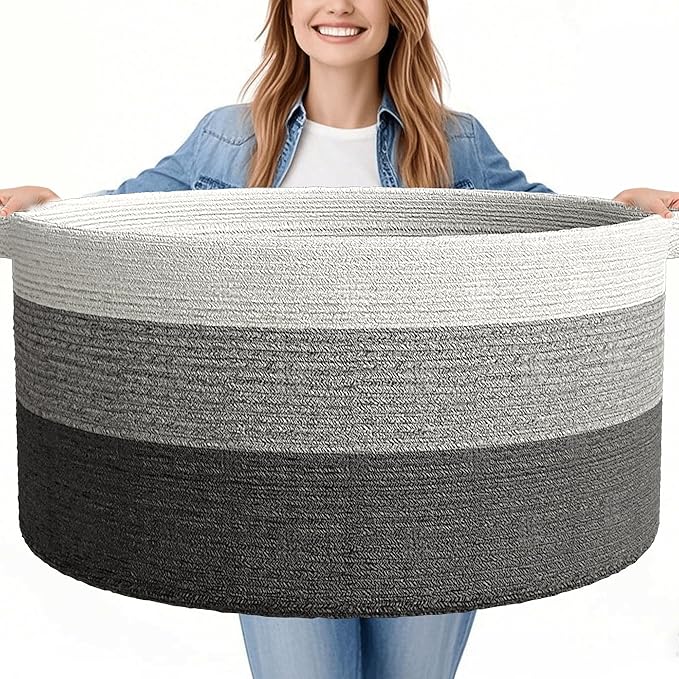 125L Extra Large Blanket Basket, 25" x 16", Jumbo Laundry Woven Baskets Decorative Home, Cotton Rope Basket with Handles, Baby Toy Baskets for Storage, Gradual Gray