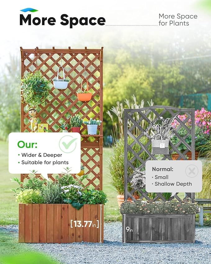 Quictent Raised Garden Bed Wood Planter Box with Lattice Trellis for Vine Climbing Plants Flower Free-Standing, for Patio Garden Indoor Outdoor 29x12x70 in