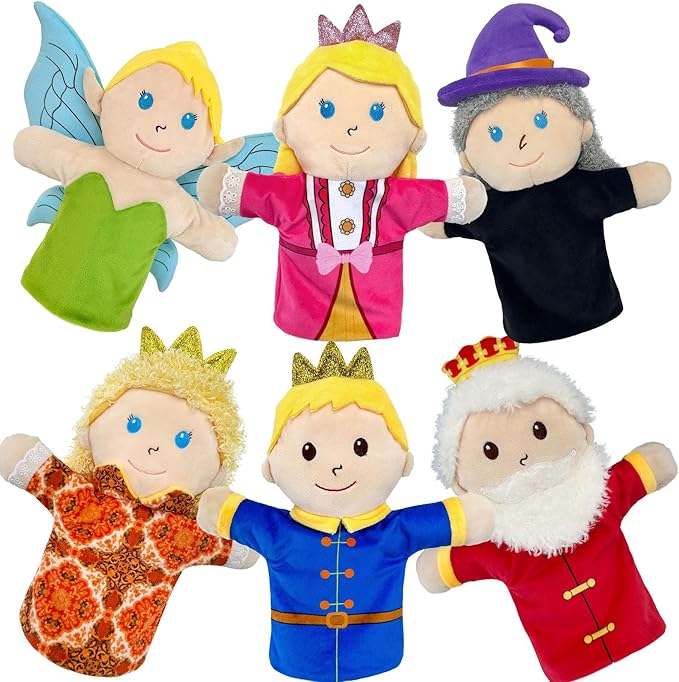 6 PCS Puppet Set 12 Inch, Fairy Tale Members Elf Plush Puppets Toddlers 1-3 Princess Hand Puppet for Kids Ages 4-8,Soft Puppets for Storytelling Teaching Preschool Role Play Puppet Toy for Boy Girls