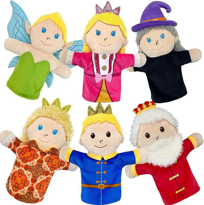 6 PCS Puppet Set 12 Inch, Fairy Tale Members Elf Plush Puppets Toddlers 1-3 Princess Hand Puppet for Kids Ages 4-8,Soft Puppets for Storytelling Teaching Preschool Role Play Puppet Toy for Boy Girls