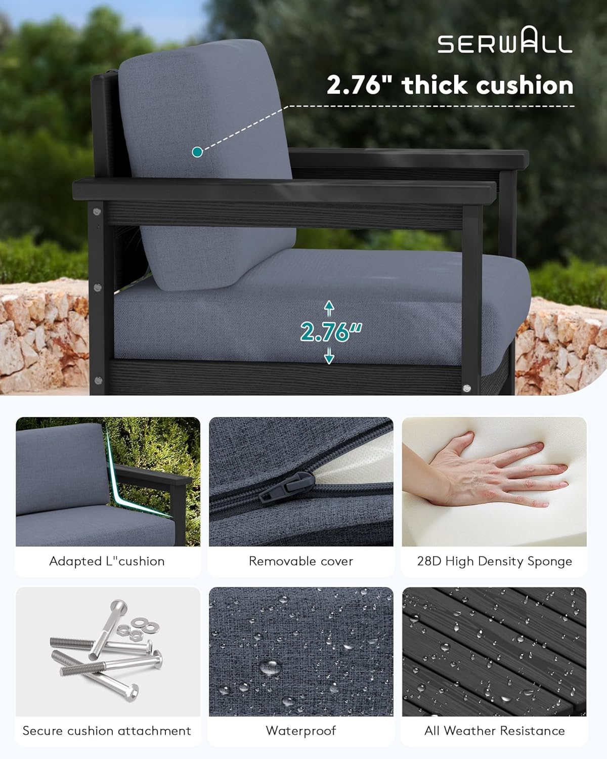 SERWALL 3 Pieces HDPE Outdoor Sofa Bistro Set with Cushions, Outdoor Furniture Sofa Sets with Coffee Table and Cushions, All Weather Conversation Social Set, Black Frame and Grey Cushion