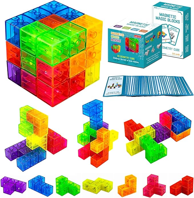 Magnetic Building Blocks Magic Magnetic 3D Puzzle Cubes, Set of 7 Multi Shapes Magnetic Blocks with 54 Guide Cards,Parent-Child Interactive Children's Educational Toys (7color)