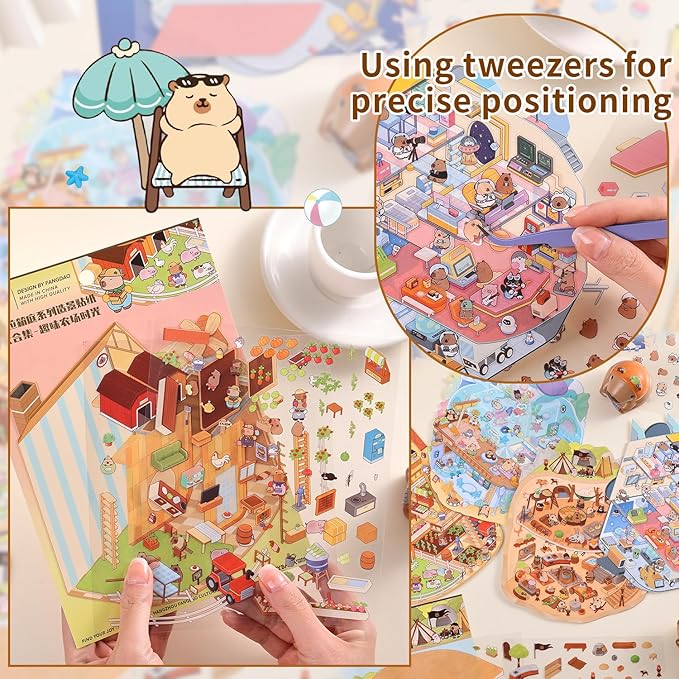 Girls 3D Miniature Scene Stickers, 4 Sets World Adventure DIY House Stickers for Space, Caves, Farms, Underwater World, Cute 3D Cartoon Sticker Scenes for Adult Kids Relief Stress Pass The Time