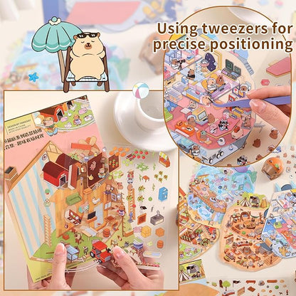 Girls 3D Miniature Scene Stickers, 4 Sets World Adventure DIY House Stickers for Space, Caves, Farms, Underwater World, Cute 3D Cartoon Sticker Scenes for Adult Kids Relief Stress Pass The Time