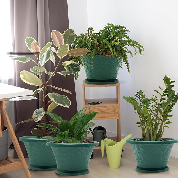 Quarut 12 Inch Plant Pot,4 Pack Large pots for Plants,Flower Pots with Drainage Hole & Saucer,Modern Planters for Indoor Outdoor Plants,Decorative Resin Garden Pots,Green