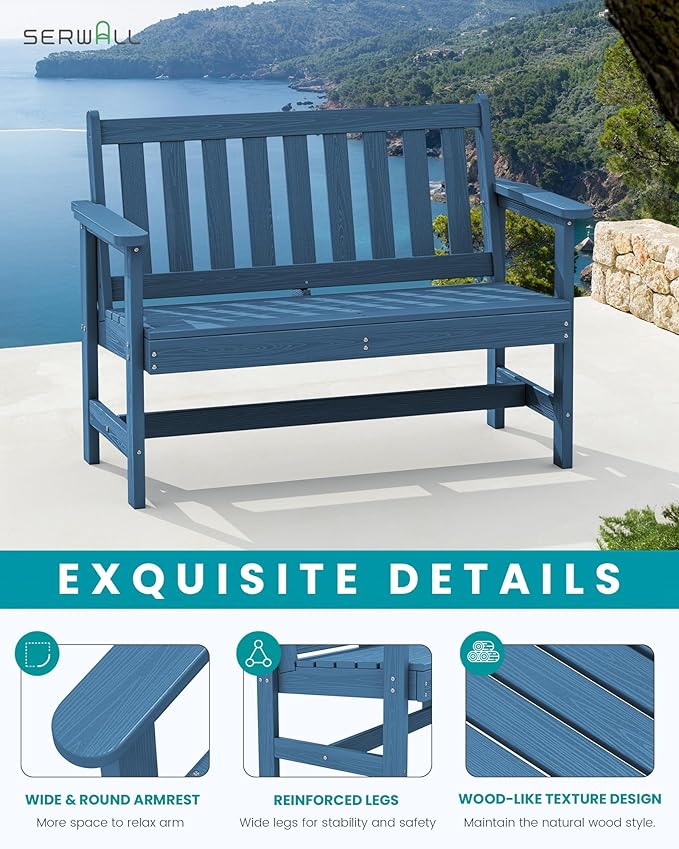SERWALL Outdoor Bench, HDPE Outdoor Benches Weatherproof, 2-Person Garden Bench with 660 lbs Weight Capacity, Patio Benches for Outdoors, Garden, Porch, Backyard and Park, Navy, 6 Pack