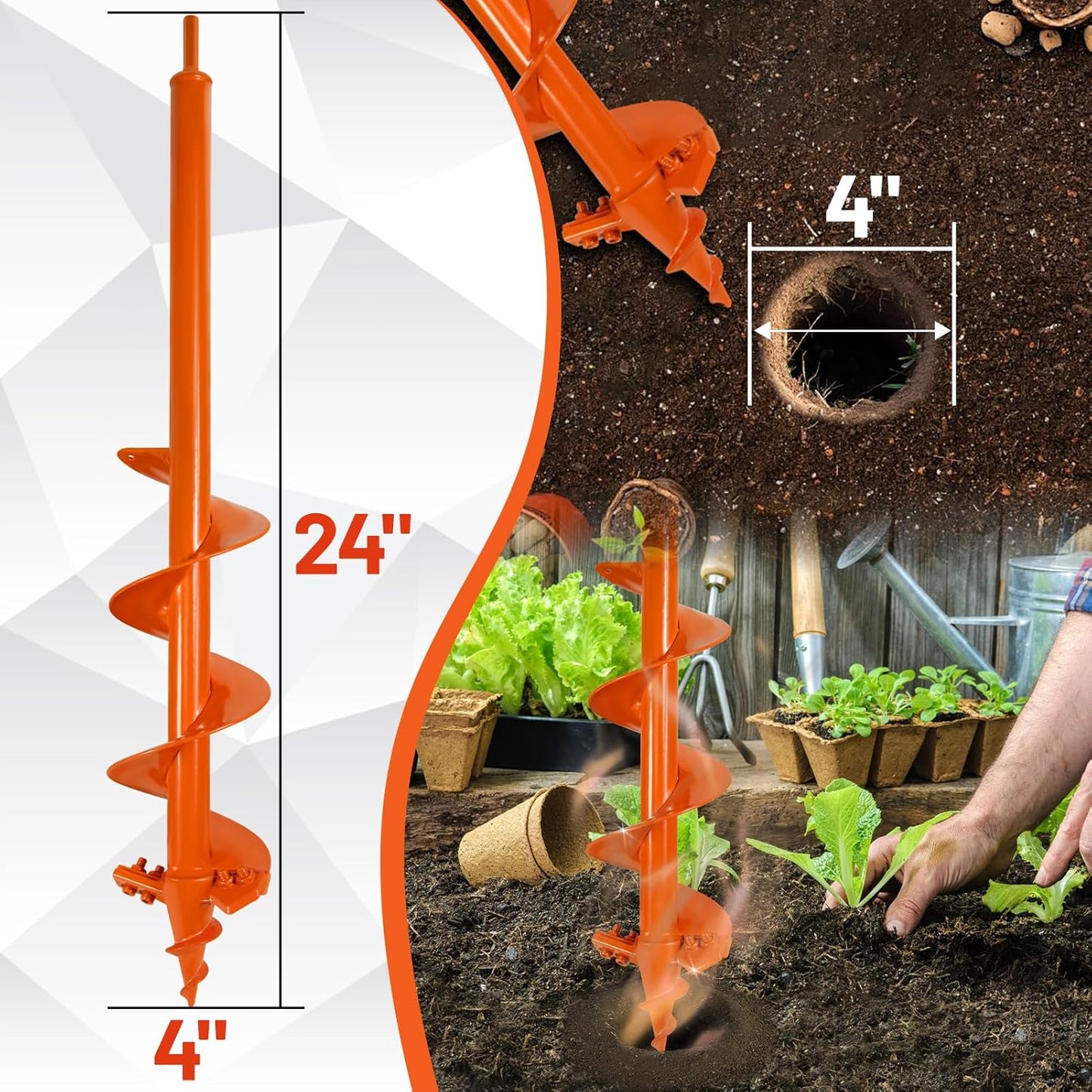 ‎4"x24" Auger Drill Bit for Planting – Heavy Duty Garden Auger Post Hole Digger with Spiral Double Blade & 3/8" Hex Drive for Fast Hole Drilling
