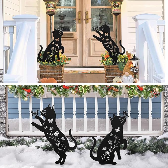 Metal Cat Garden Decor for Outside,Set of 2 Black Cat Silhouette Garden Stakes,Cat Yard Decor Outdoor