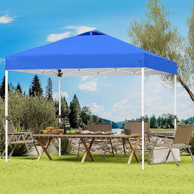 Shades 10x10 Pop Up Canopy with One Push Setup,Heavy Duty Beach Tent with Wheels for Easy Moving, Sun Shelter for Parties,Events, Outdoor Gazebo with 420D Coated Waterproof Blue Fabric