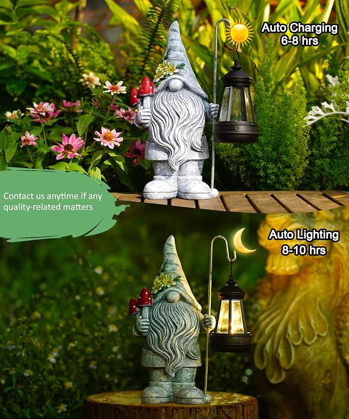 Solar Gnome Statue for Outdoor Decor: Outside Garden Sculpture for Yard Lawn Balcony Patio Porch- Birthday Gifts for Mom Women Grandma