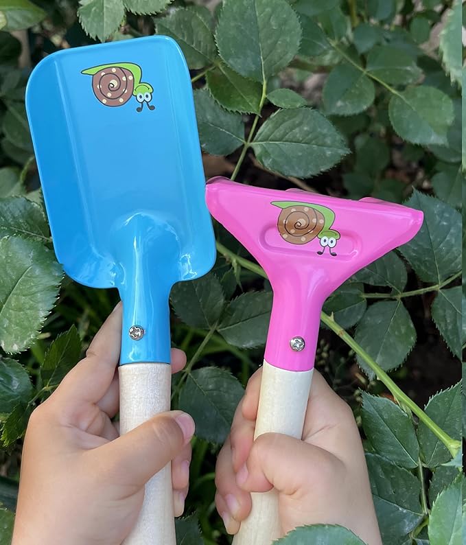 Kids Gardening Set Wooden Handle, 6 Piece (Pink+Blue), Kids Beach Shovel Set, Sandbox Play Toy and Garden Hand Tool