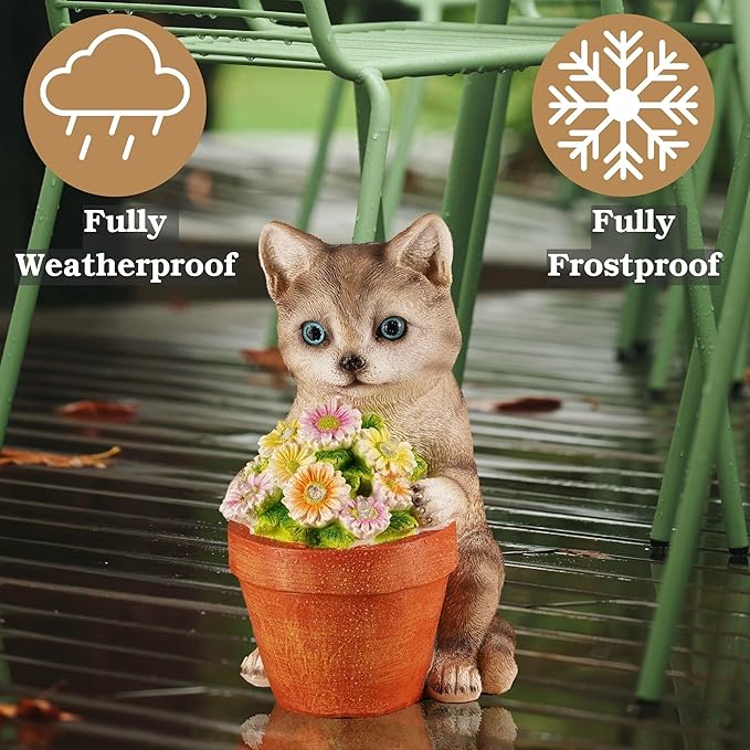 Muldale Cat Solar Light - Cat Garden Statue Outdoor - Solar Powered Cat Garden Decor for Outside - Hand Painted Floral Plant Pot Light Up Cat