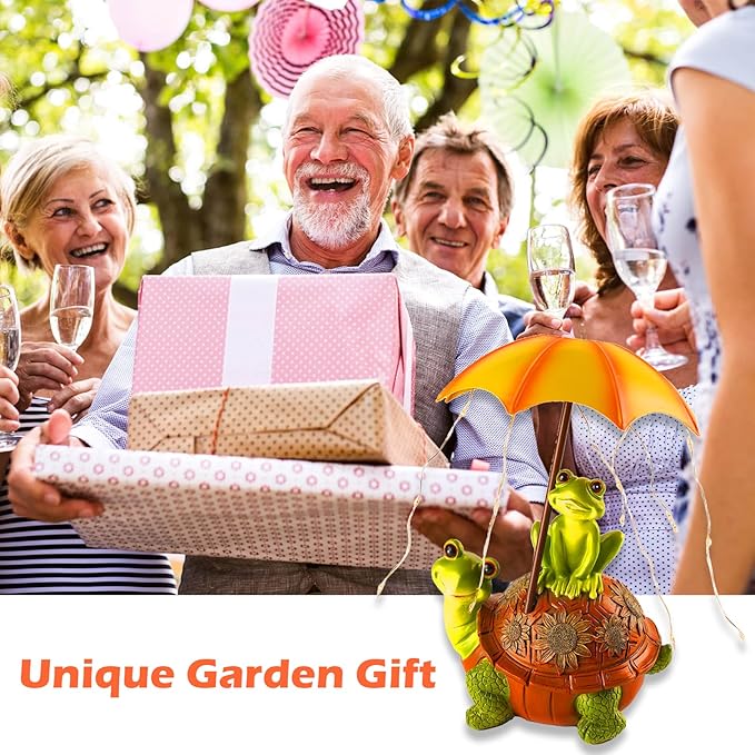 Solar Garden Outdoor Statues Turtle Frog Outdoor Figurine Lights with Umbrellas Fairy Garden Accessories Tortoise Statue Lawn Decor for Patio, Balcony, Yard Ornament Art Housewarming Gifts