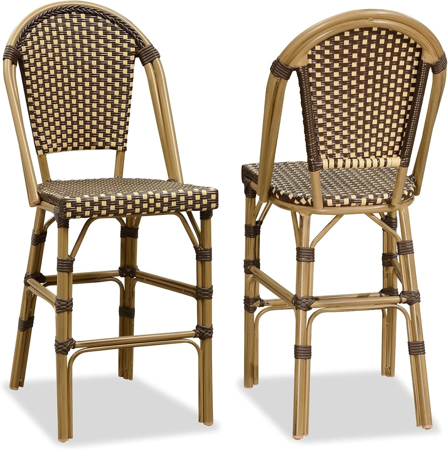 PURPLE LEAF French Counter Height Bar Stool Set of 2 25" Bamboo Print Finish Patio Bar Chairs with Back Rattan Bar Chairs French Bistro Set for Kitchen Outdoor Counter Stool Brown