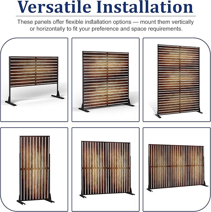 FENCY Outdoor Privacy Screen, 72" H×47" W Metal Patio Privacy Screen, Freestanding Decorative for Deck Balcony Patio Vintage Wood Color