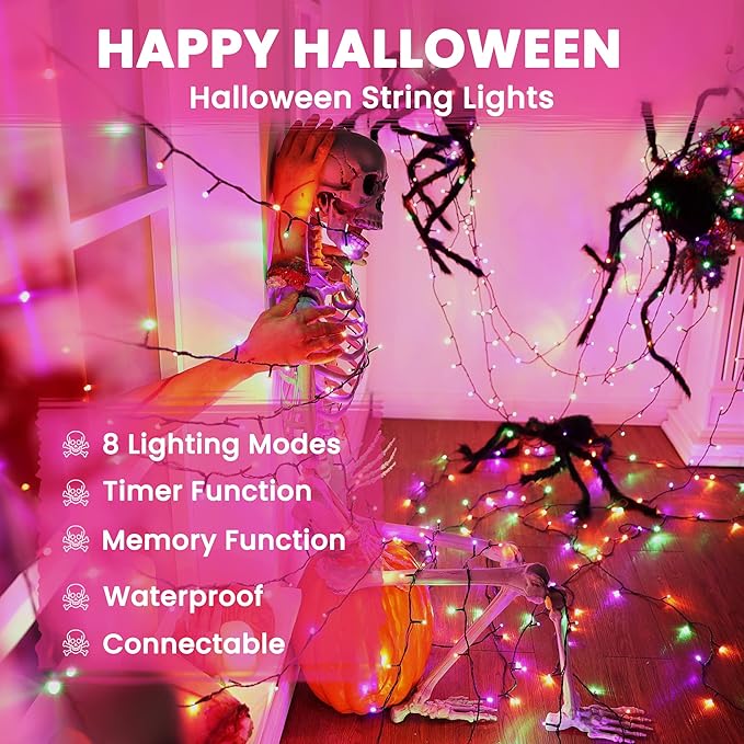 82ft 200 LED String Lights with 8 Modes, Waterproof Low Voltage Orange & Green & Purple Fairy Lights for Halloween Party, Garden, Indoor Outdoor Decorations