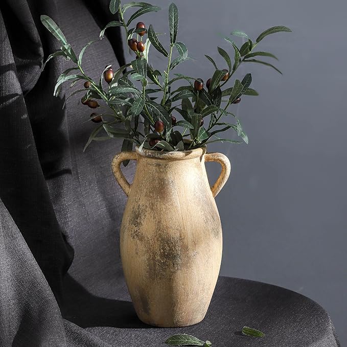 Large Ceramic Vase,11.3 inch Tall Farmhouse Flower Vase with 2 Handles,Terracotta Decorative Flower Vase for Home Decor, Living Room Entryway Table Centerpiece Decor