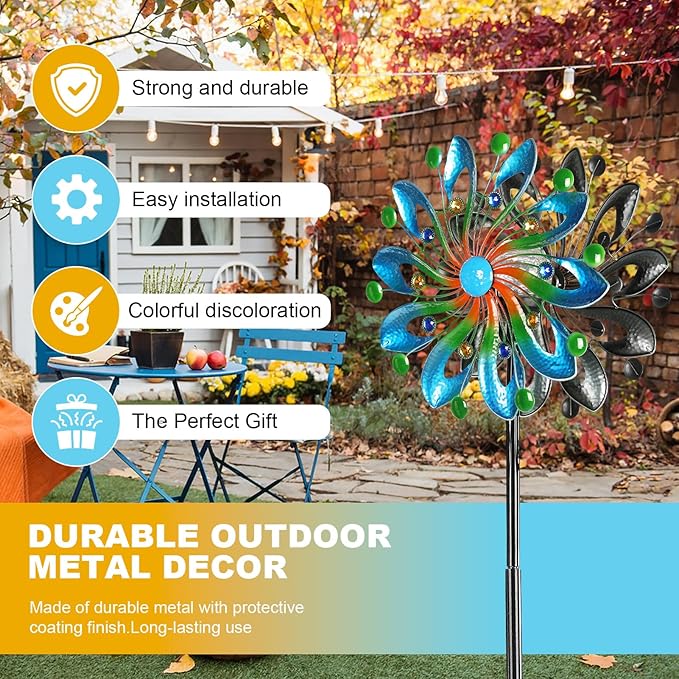 Wind Spinners for Yard and Garden-Wind Sculptures & Spinners 75 in Garden Kinetic Art with Solar Powered Multi-Color Glass Ball Light for Yard Garden Backyard Lawn Decorations