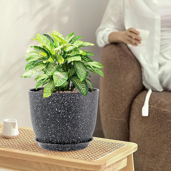 Large Flower Pots 12/10/9 inch, Set of 3 Modern Decorative Plastic Planters with Drainage Holes and Saucers for Garden House Plants, Plant Pots for Indoor Outdoor Plants, Speckled White