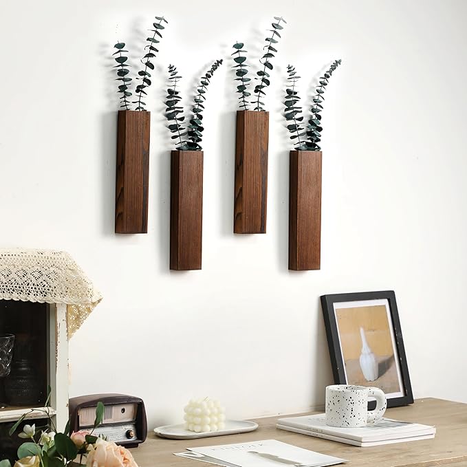 Wood Wall Planter 4 Pack Wall Decor for Artificial Flower Plants Wooden Plants Holders Wall Plant Pocket Vase Hanging for Living Room Bedroom Dining Room Bathroom Indoor Decroation (Dark Brown)