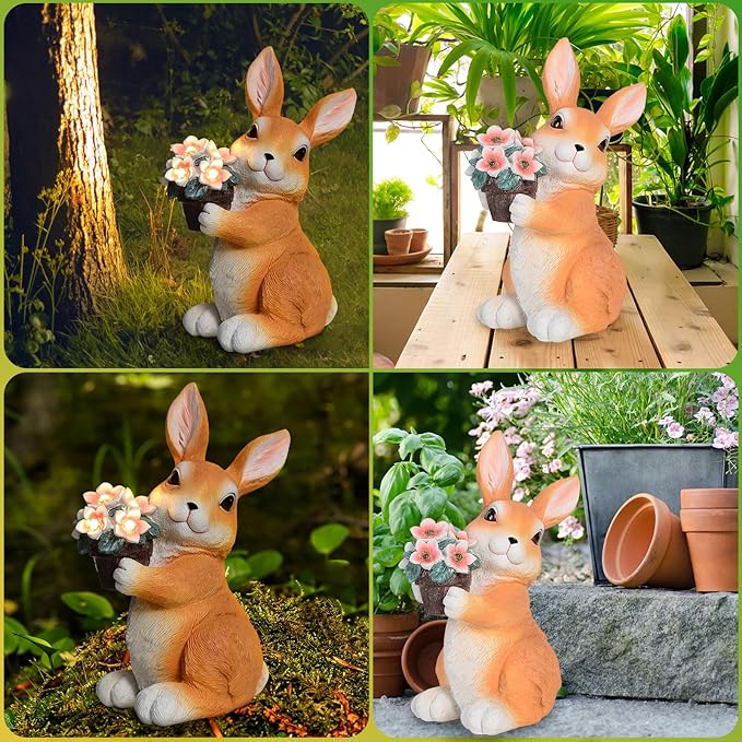 SIX FOXES Solar Garden Outdoor Statues Bunny with Flowers LED Lights - Large Size XXL(10.4×4.5×5.7 inches), Rabbit Decor for Patio, Balcony, Yard, Lawn Ornament, Unique Gifts for Everybody