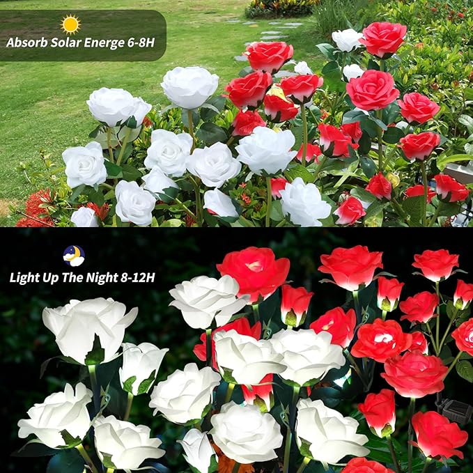 Solar Garden Lights, Solar Outdoor Lights with More Realistic 20 Rose Waterproof Solar Powered Flowers Lights for Outside Patio Yard Pathway Decorations, White and Red