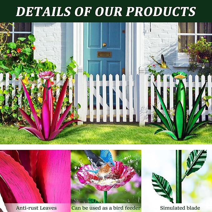 [2024 Upgraded] Large Metal Agave Yard Art, Tequila Rustic Sculpture, Hand Painted Metal Agave Plants with Bird Feeder, Garden Sculpture Statue Outdoor Decor (Green)