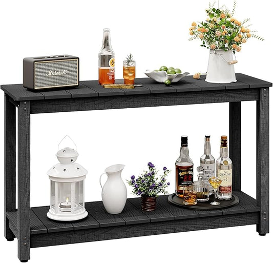Outdoor Console Table, 48" Weather Resistant HIPS Patio Side Table, 440LBS Weight Capacity, 2-Tier Multifunctional Buffet Bar Storage Organizer for Garden Deck, Black