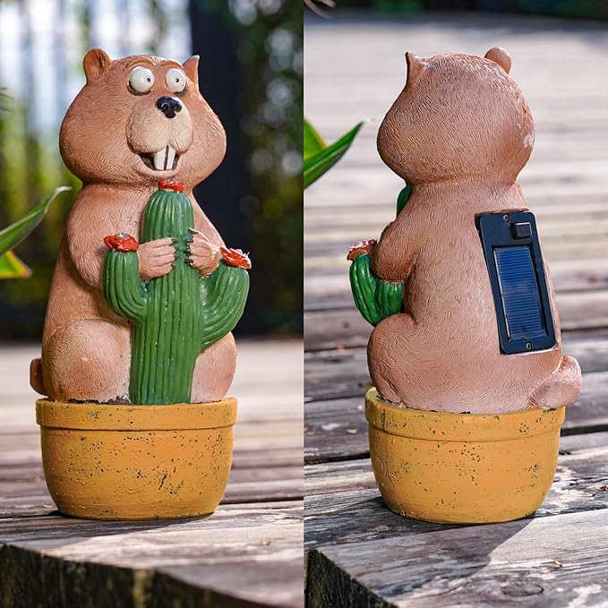 Solar Groundhog Garden Statue with LED Lights - Resin Cactus Planter Ornament for Outdoor Decor, Lawn, Patio, Yard, and Balcony, Unique Garden Gift for Women, Mom, and Grandma