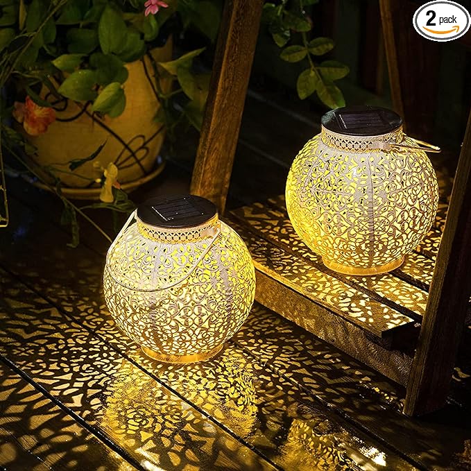 TAKE ME Solar Lanterns Lights Outdoor Waterproof Garden Laterns Metal Retro Lights for Mothers Day Gifts Mom Wife Grandma Birthday Gifts (White Set of 2)