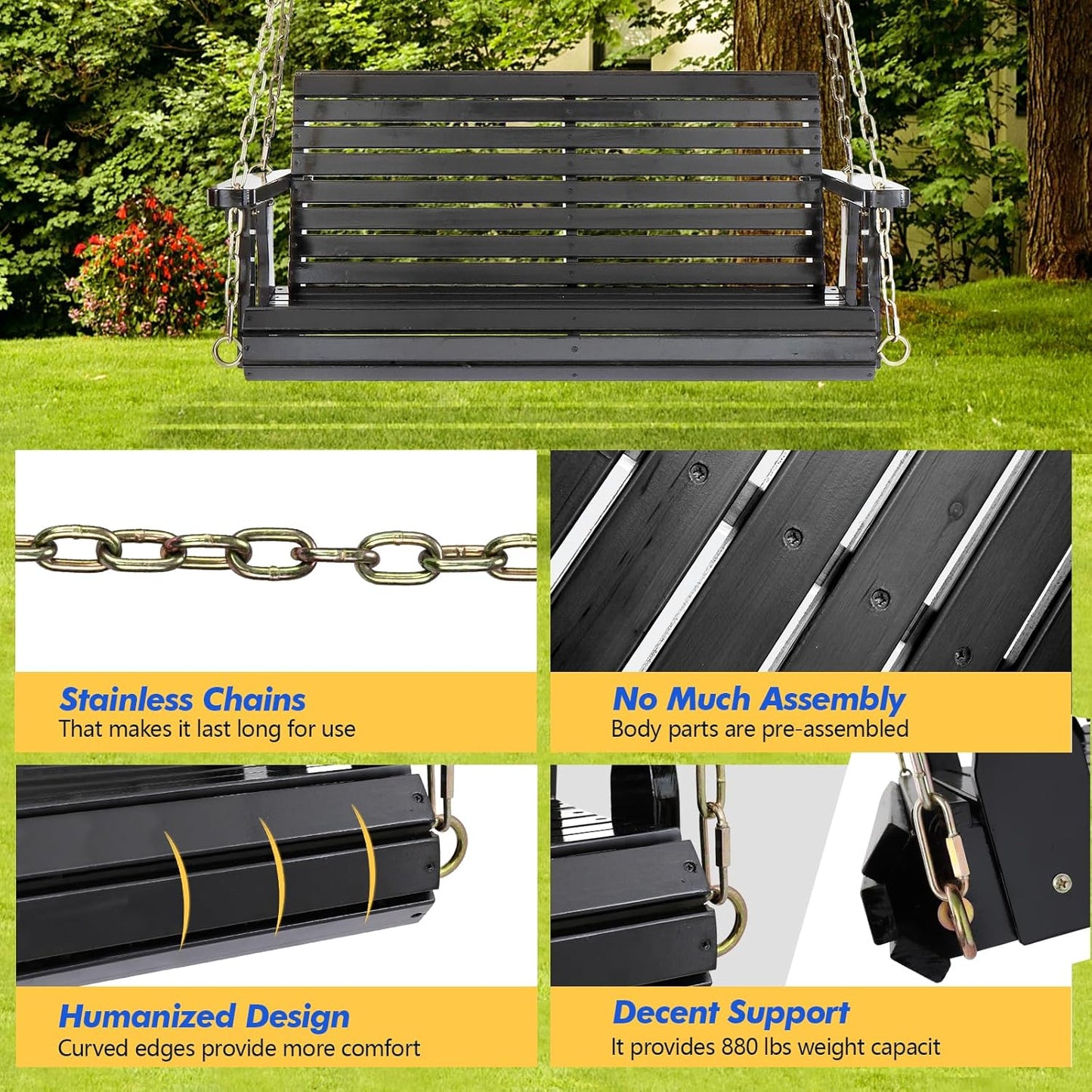 VINGLI Upgraded Patio Wooden Porch Swing for Courtyard & Garden, Heavy Duty 880 LBS Swing Chair Bench with Hanging Chains for Outdoors (Black, 4 FT)