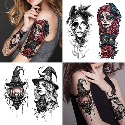 77 Sheets Halloween Temporary Tattoos Adults Women Men Witch Makeup, Death Skull Black Cats Witch Hats Half Arm Halloween Fake Tattoos, Bat Scary Tattoos for Halloween Costume
