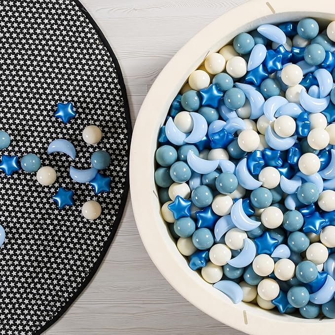 GOGOSO Ball Pit Balls Stars Moon Shapes Plastic Pitballs for Toddler Play Tent Baby Photo Props Kids Pool Water Toys Kiddie Pool Party Decor, Pearl Blue+Cream Blue+White,50PCS