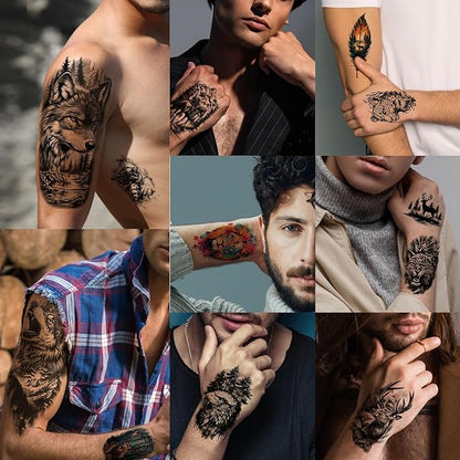 77 Sheets Forest Animals Temporary Tattoo for Women Men, 17 Sheets Half Arm Large Lion Tiger Wolf Fake Tattoos, 60 Sheets Black Skull Owl Bear Tiny for Adult Kids Body Tattoos Stickers Realistic