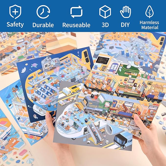 Girls 3D Miniature Scene Stickers, 4 Sets Traffic Series DIY House Stickers for Submarine, Train, Cruise Ship, Airplane,Cute 3D Cartoon Sticker Scenes for Adult Kids Relief Stress Pass The Time