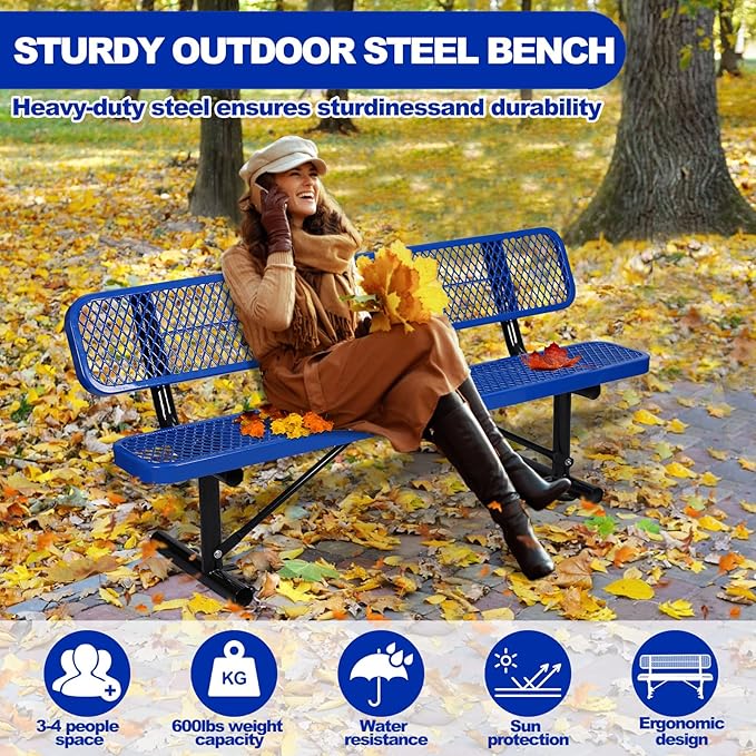 Heavy Duty Park Bench with Back Portable Frame, Outdoor Metal Park Bench with Backrest, Steel Mesh Outdoor Bench for Garden, Lawn, Patio, Porch, Park, Yard (Blue, 72.4" L x 23.2" W x 32.5" H)